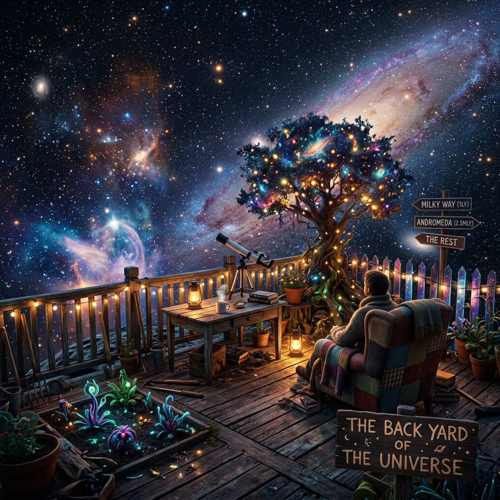 Person stargazing with telescope; signs read “MILKY WAY (1LY),” “ANDROMEDA (2.5MY),” “THE REST,” and “THE BACK YARD OF THE UNIVERSE.”
